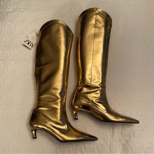 ZARA Metallic Gold Heeled Boots Real Leather Women's size 38 / 7.5 NWT